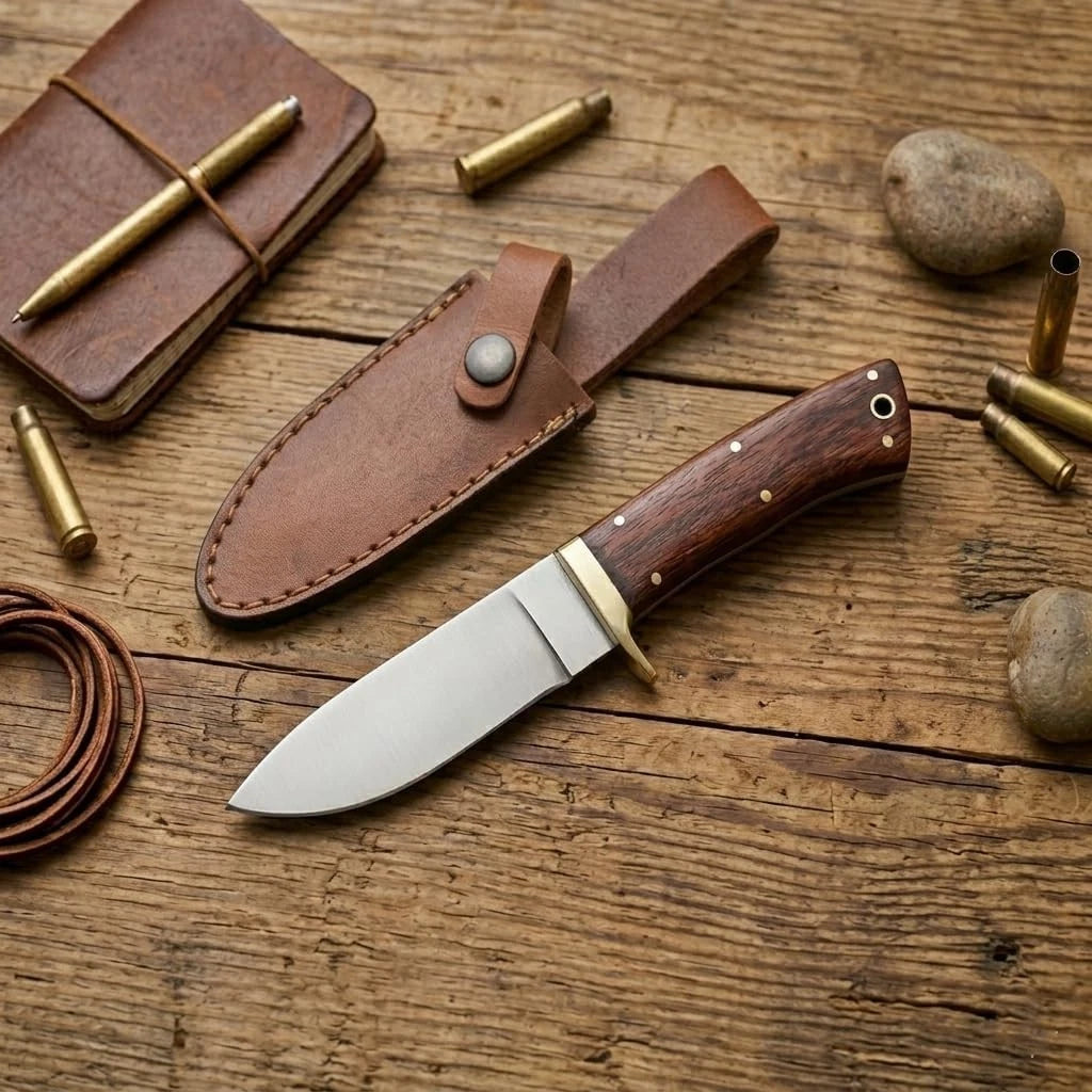 8-inch steel hunting knife with rosewood handle, brass bolster, and leather sheath